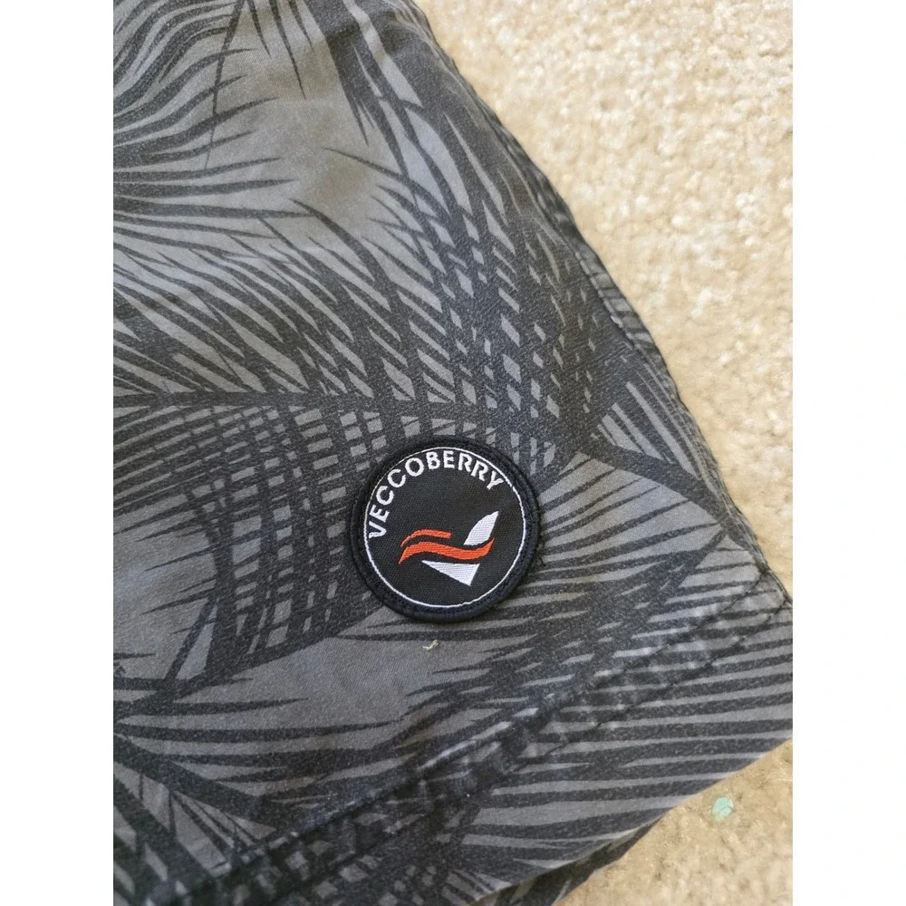 Veccoberry Mens Swim Trunks Grey Black Palm Leaf Print Drawstring Shorts Size M